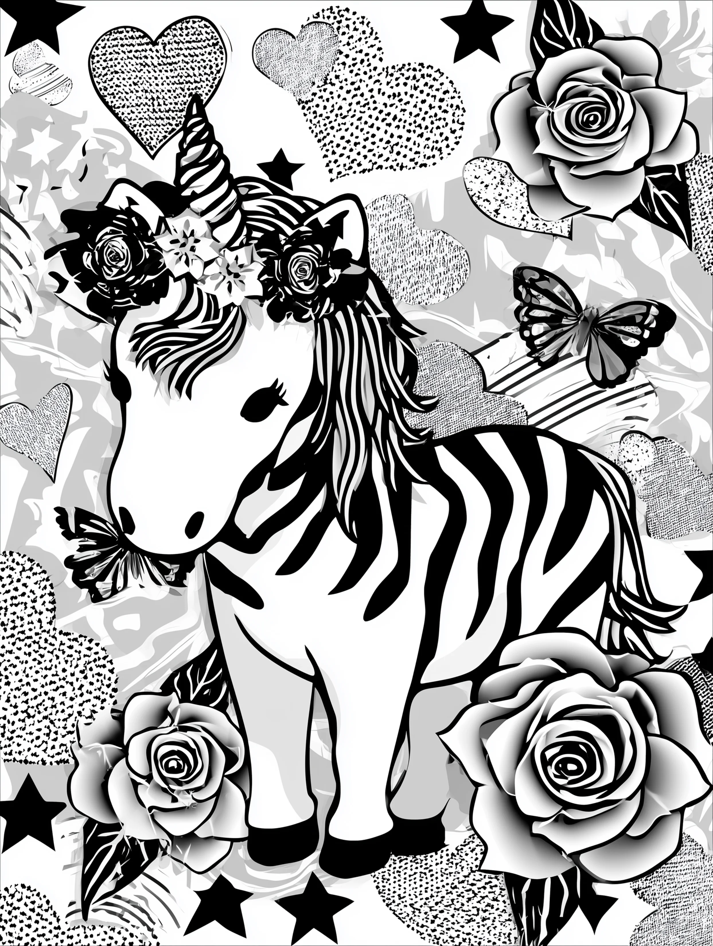 Free printable unicorn coloring page for adults featuring a unicorn eating grass